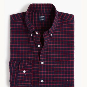 J. Crew Factory Men's Navy and Red Plaid Oxford Flex Shirt - Slim